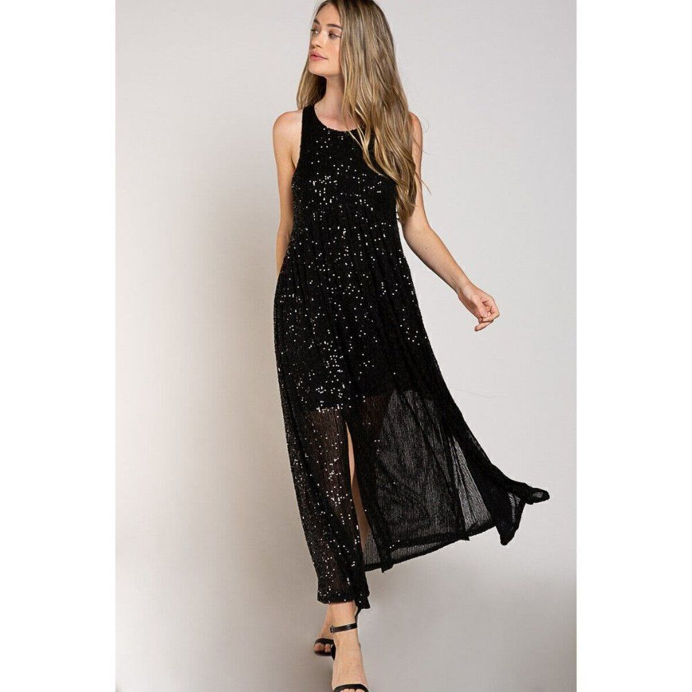 POL CLOTHING Jet Black SEQUIN Gown Dress Cocktail Dinner Party Sparkly SMD234 - Picture 6 of 9
